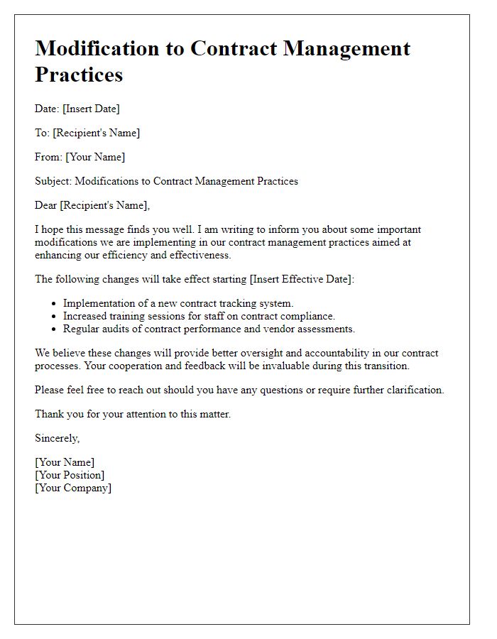 Letter template of modifications to contract management practices