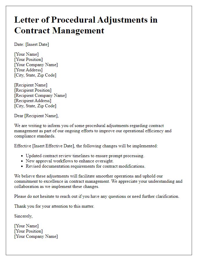 Letter template of procedural adjustments in contract management