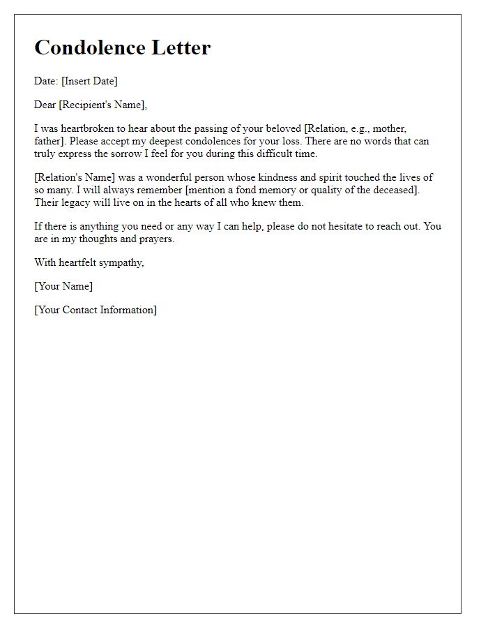 Letter template of condolence for the death of a family member