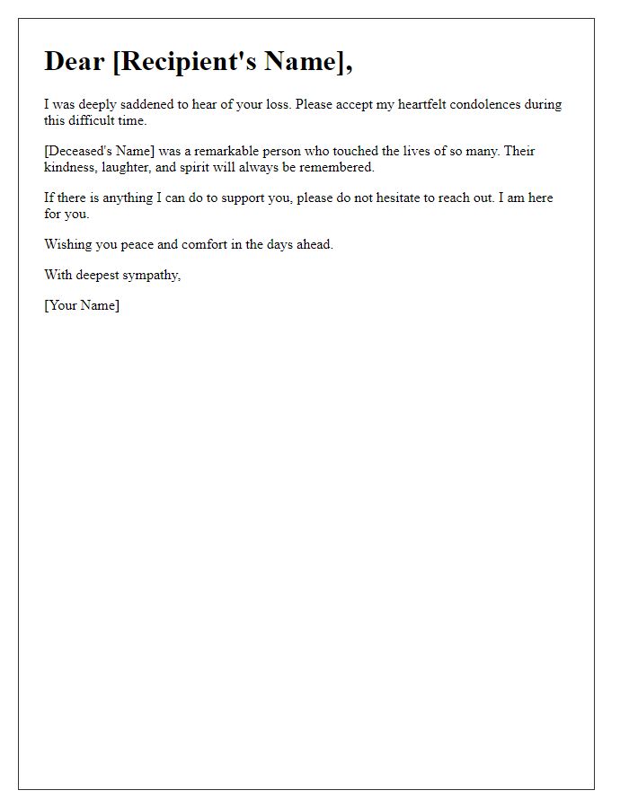 Letter template of sincere condolences for loss of a loved one