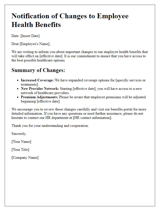 Letter template of changes to employee health benefits.