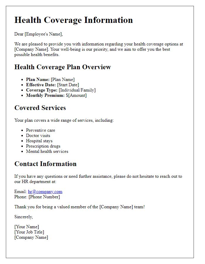 Letter template of company's health coverage information.