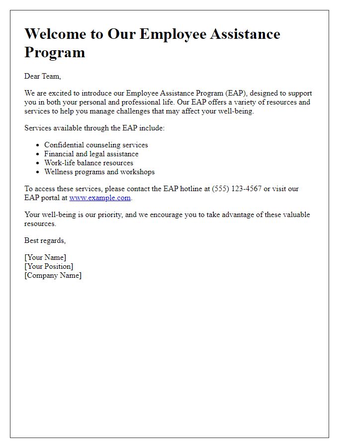 Letter template of employee assistance program introduction.