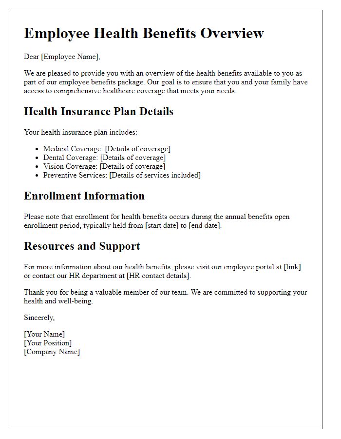 Letter template of employee health benefits overview.