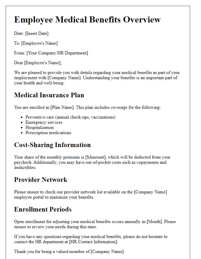 Letter template of employee medical benefits explanation.