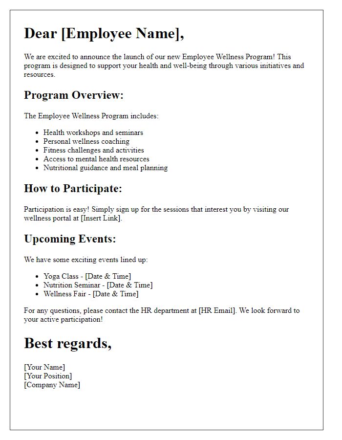 Letter template of employee wellness program details.