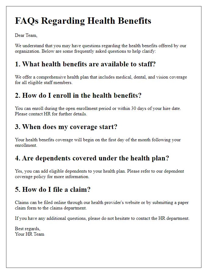 Letter template of FAQs regarding health benefits for staff.