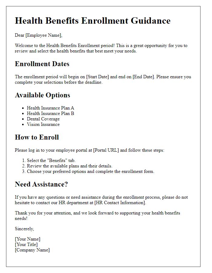 Letter template of health benefits enrollment guidance.