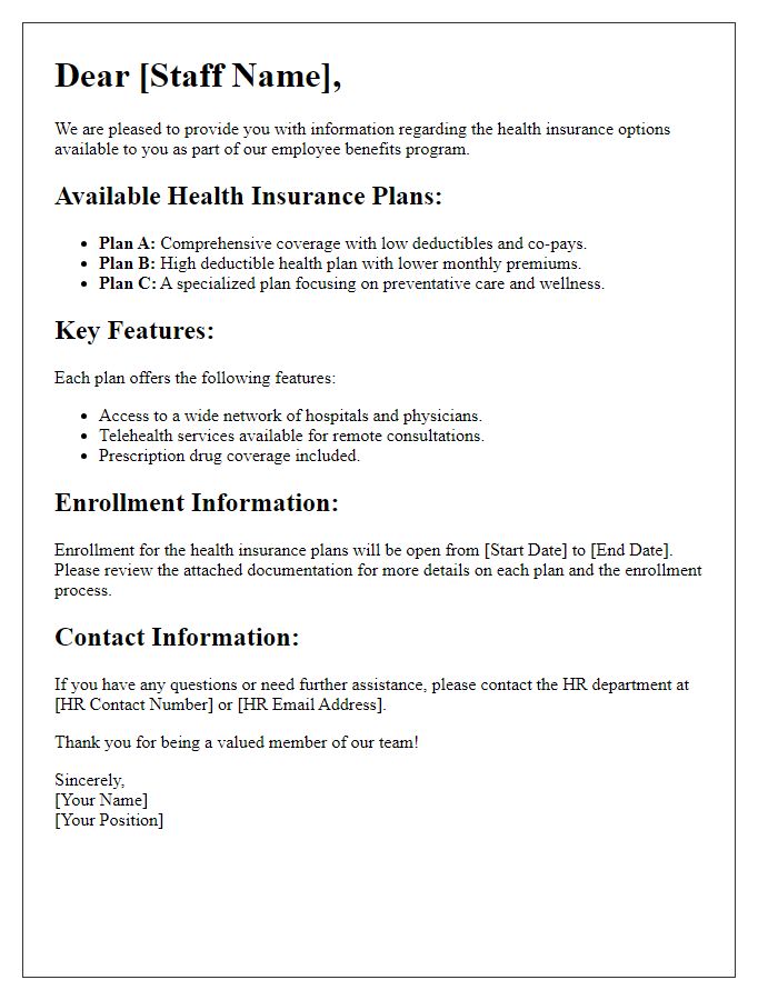 Letter template of health insurance options for staff.