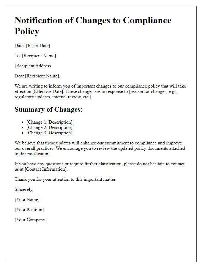 Letter template of changes in compliance policy notification.