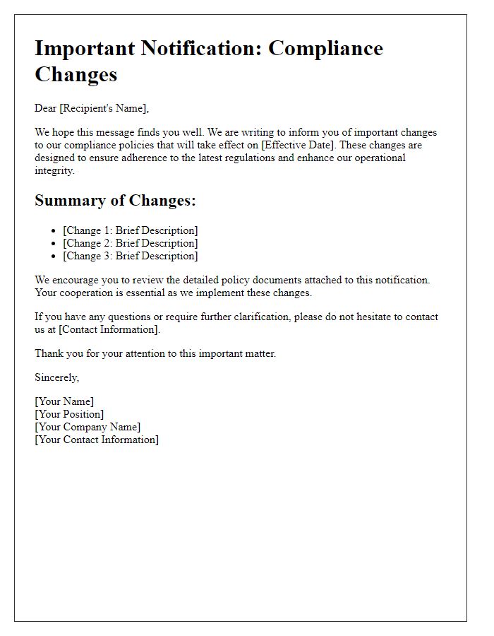 Letter template of important notification on compliance changes.