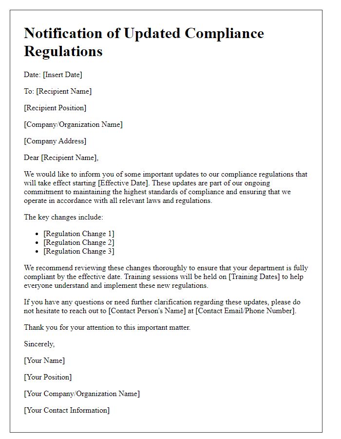 Letter template of notification regarding updated compliance regulations.