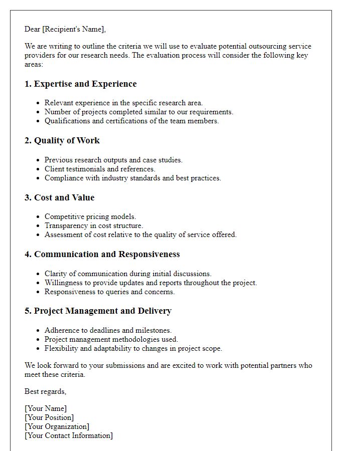 Letter template of criteria for evaluating outsourcing service providers in research.