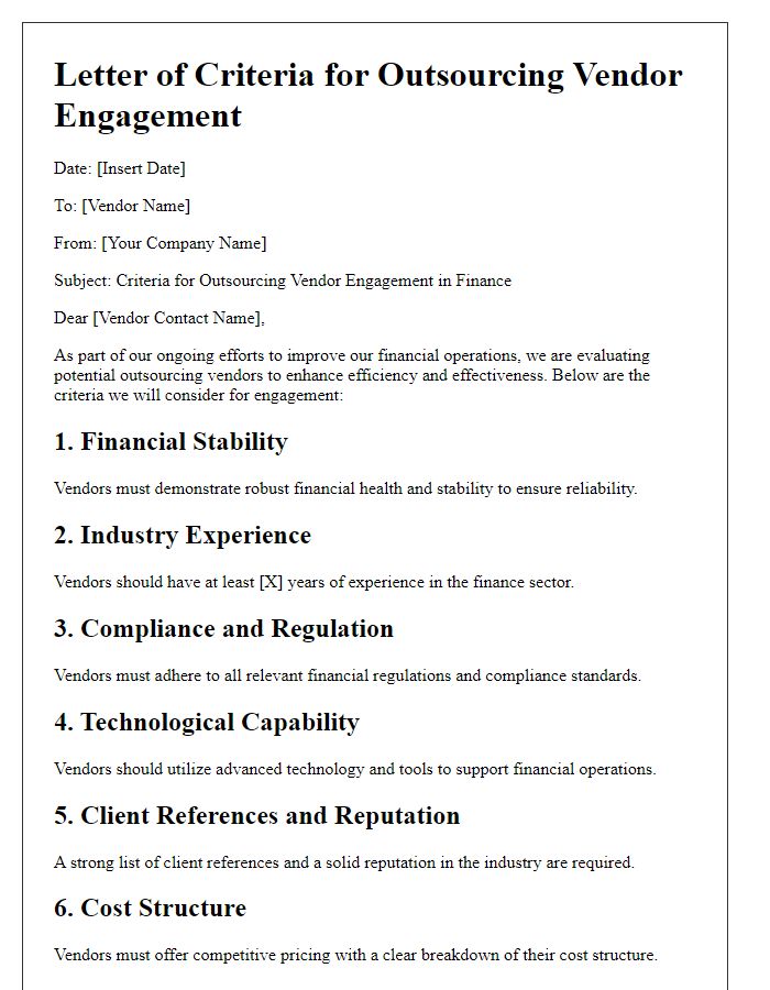 Letter template of criteria for outsourcing vendor engagement in finance.