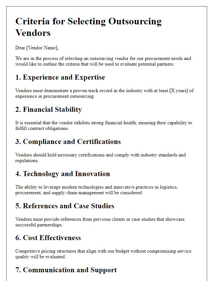 Letter template of criteria for selecting outsourcing vendors in procurement.