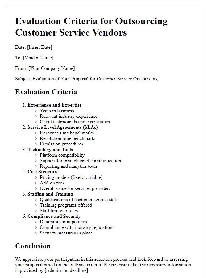 Letter template of evaluation criteria for outsourcing customer service vendors.