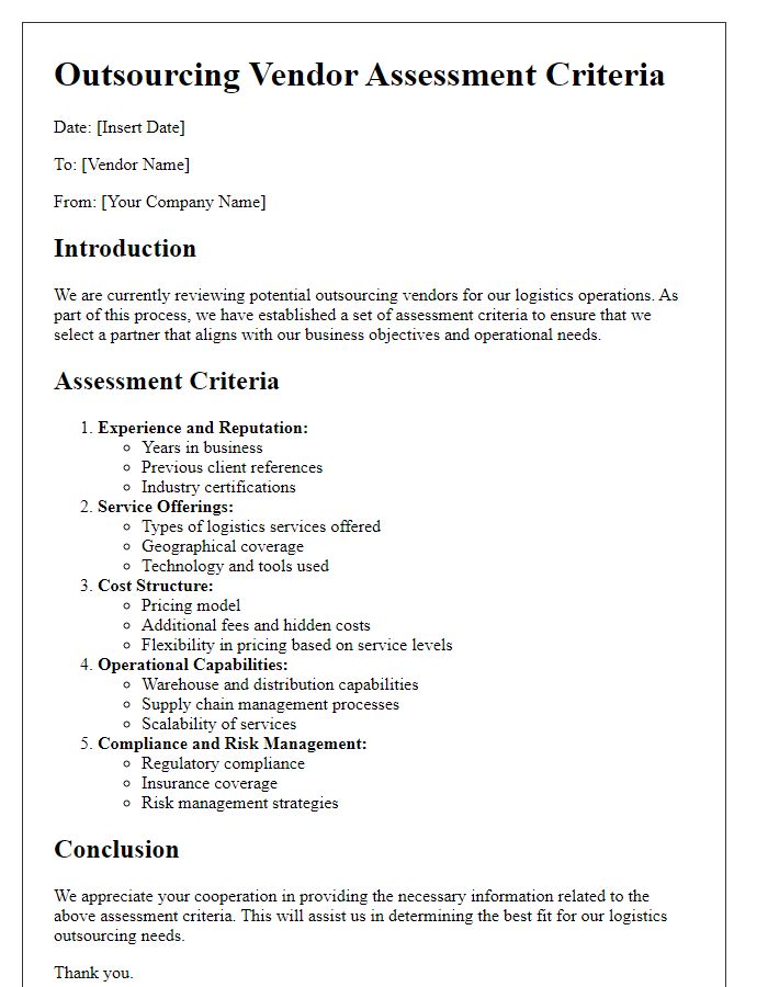 Letter template of outsourcing vendor assessment criteria for logistics.