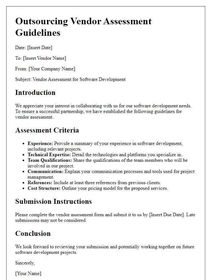 Letter template of outsourcing vendor assessment guidelines for software development.