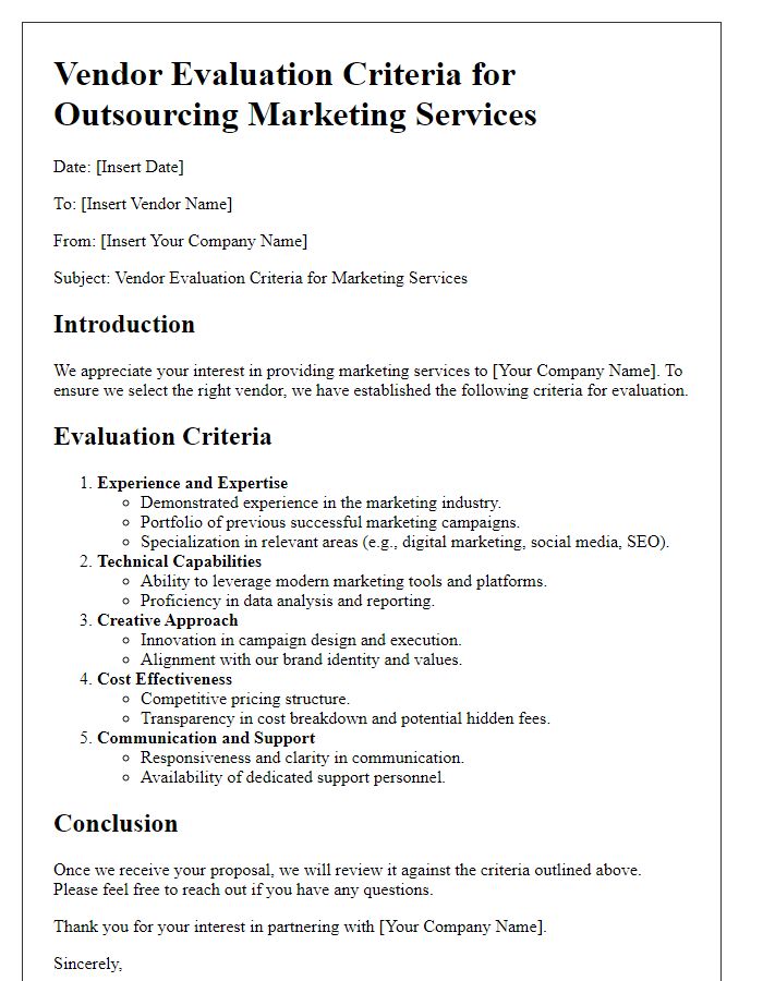 Letter template of vendor evaluation criteria for outsourcing marketing services.