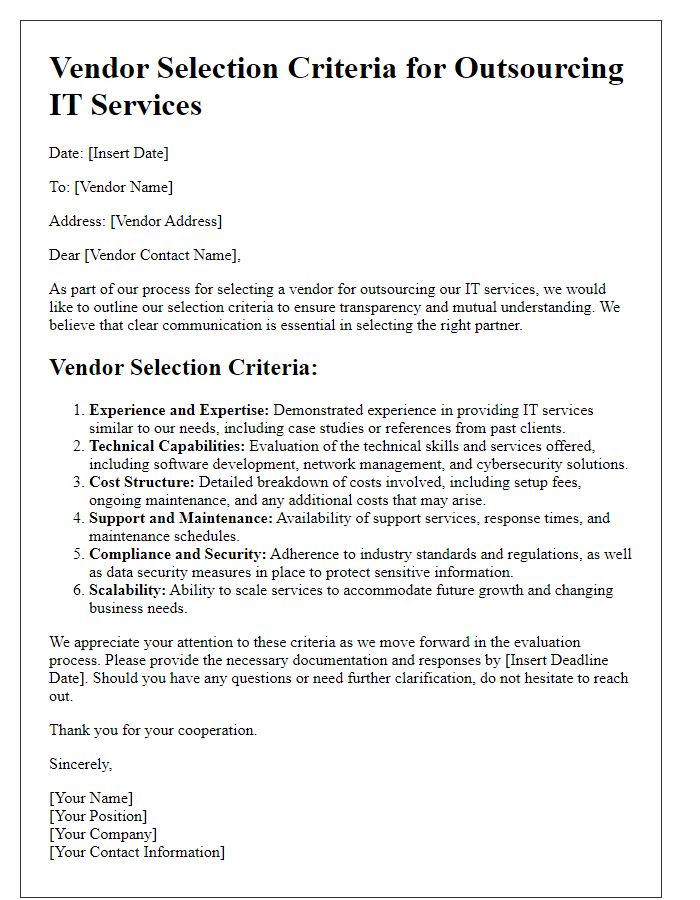 Letter template of vendor selection criteria for outsourcing IT services.