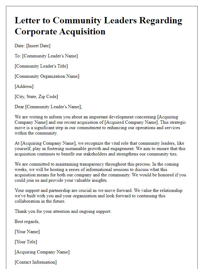 Letter template of corporate acquisition for community leaders