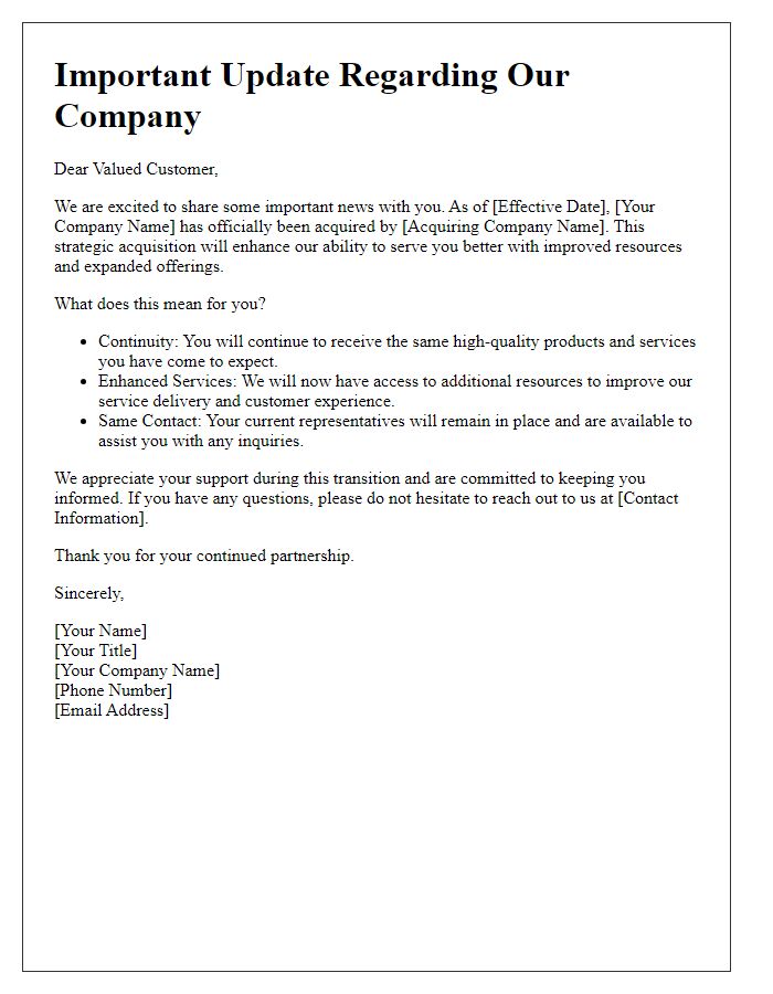 Letter template of corporate acquisition for customers