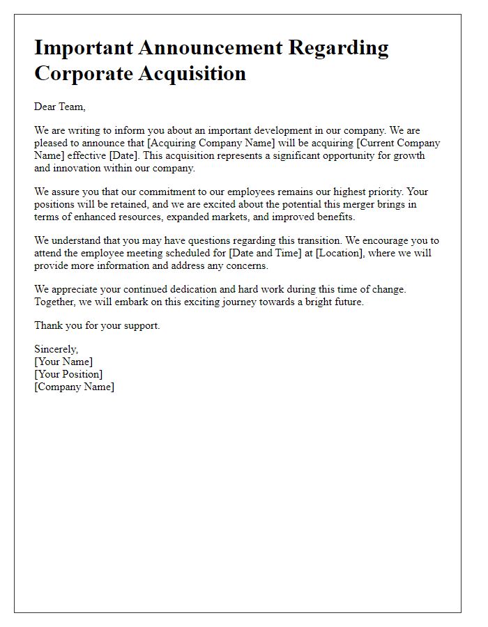 Letter template of corporate acquisition for employees