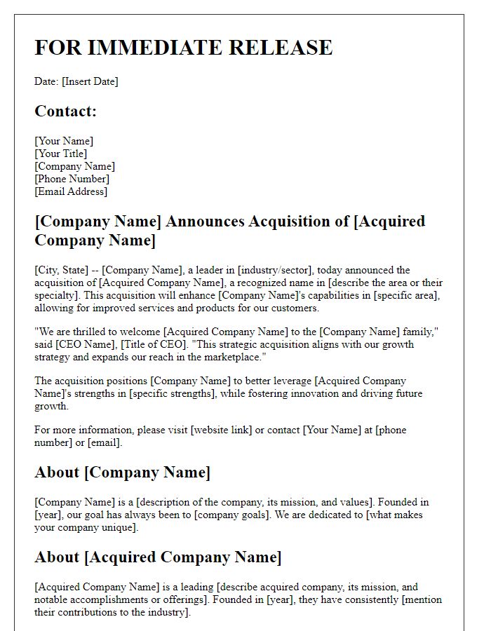 Letter template of corporate acquisition for media outlets