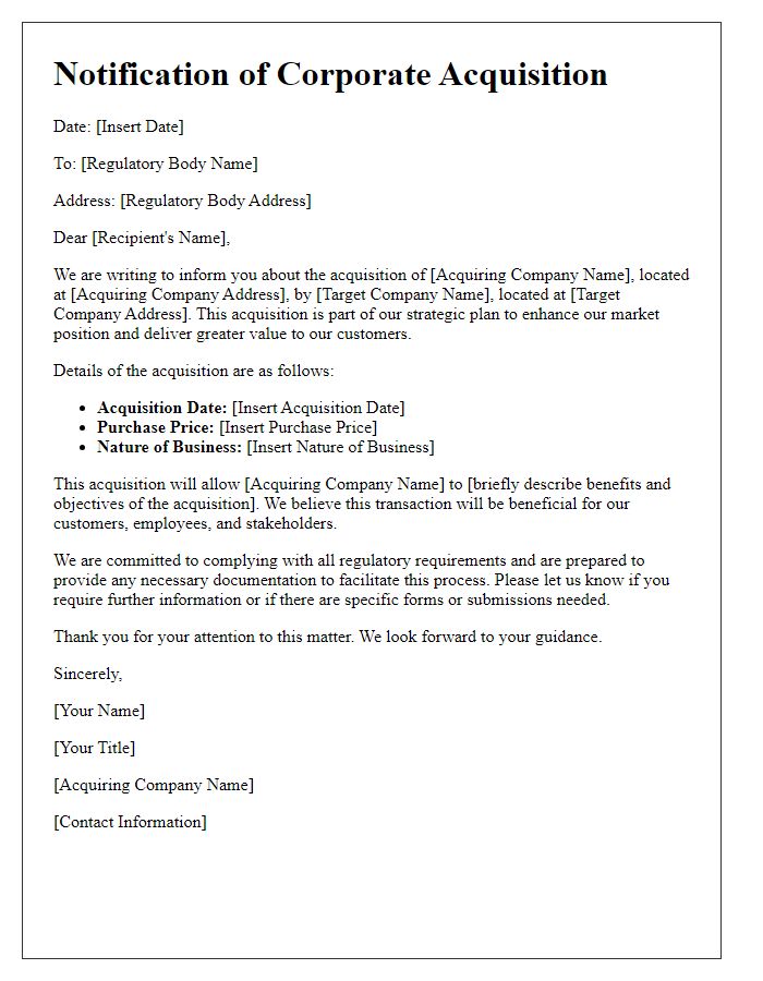 Letter template of corporate acquisition for regulatory bodies