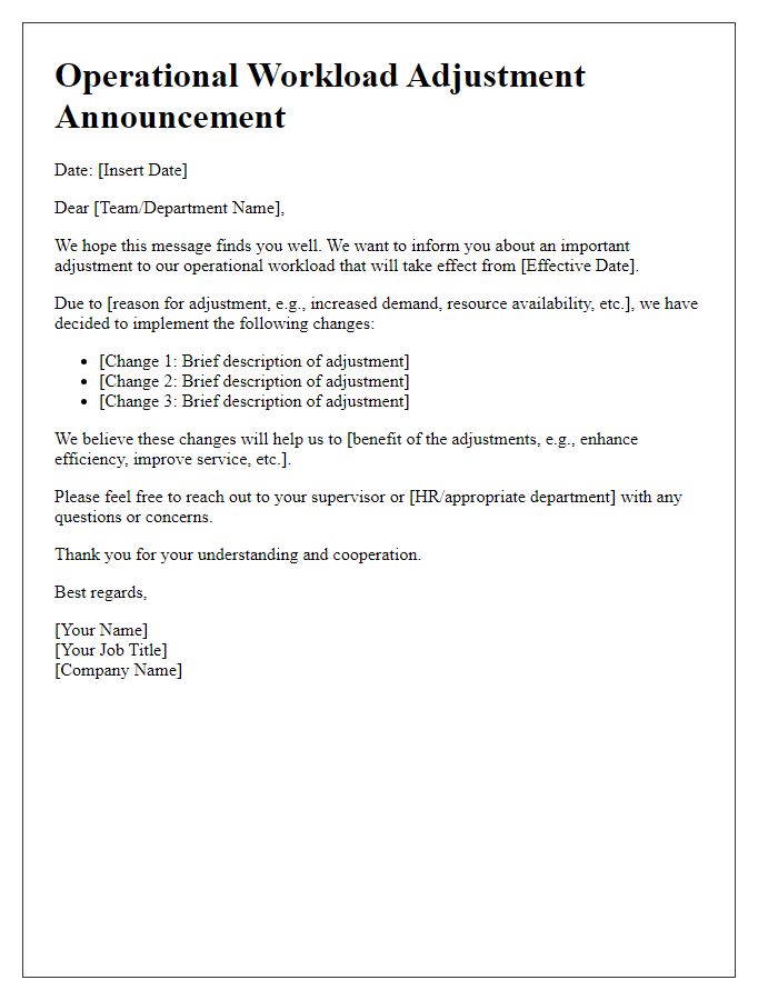 Letter template of operational workload adjustment announcement