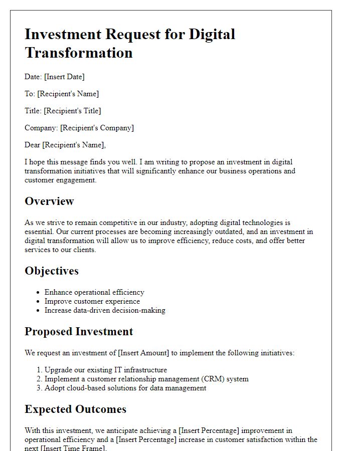 Letter template of digital transformation investment request