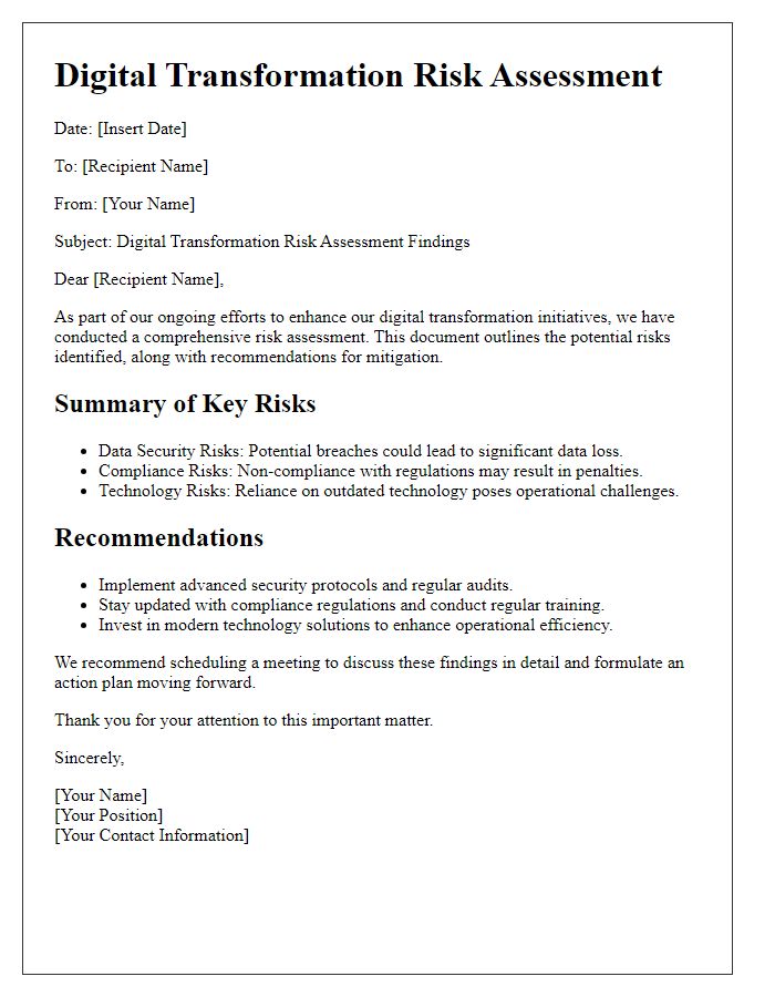 Letter template of digital transformation risk assessment