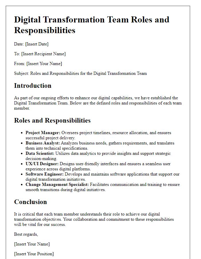 Letter template of digital transformation team roles and responsibilities