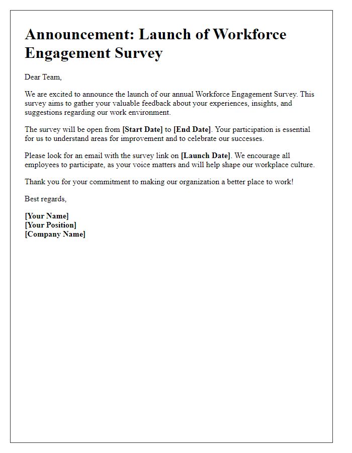 Letter template of announcement for workforce engagement survey launch