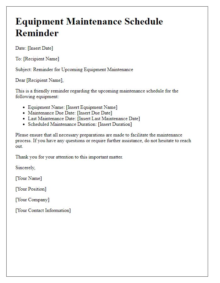 Letter template of equipment maintenance schedule reminder