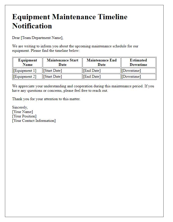 Letter template of equipment maintenance timeline communication