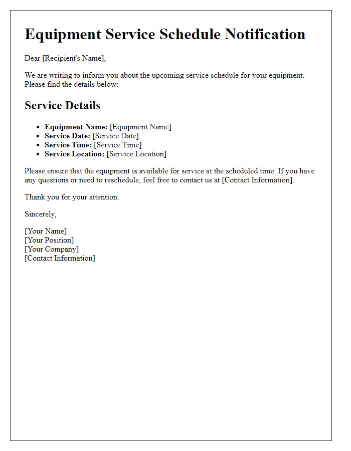 Letter template of equipment service schedule notification