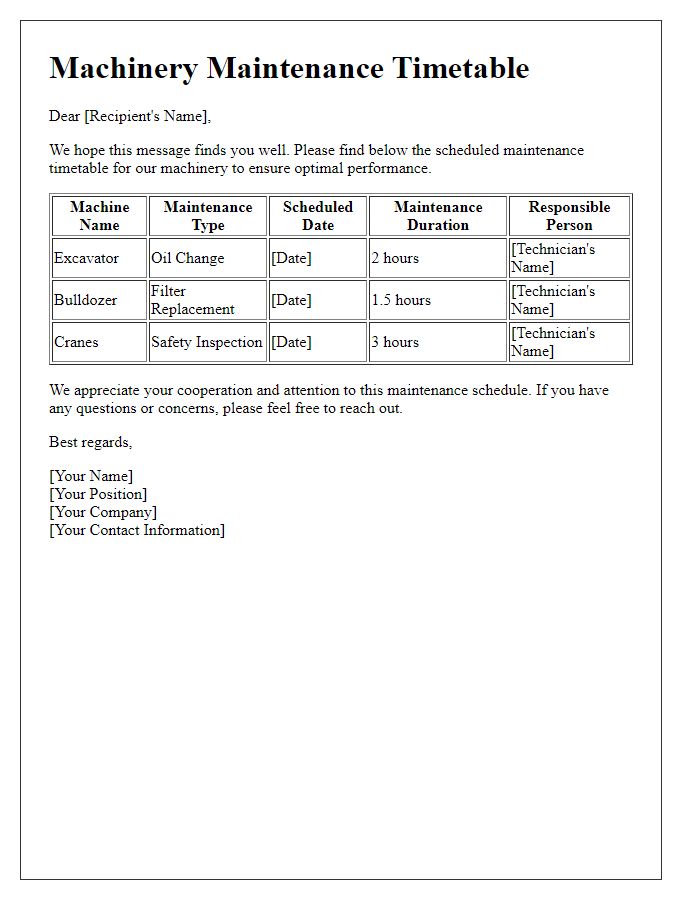 Letter template of machinery maintenance timetable information