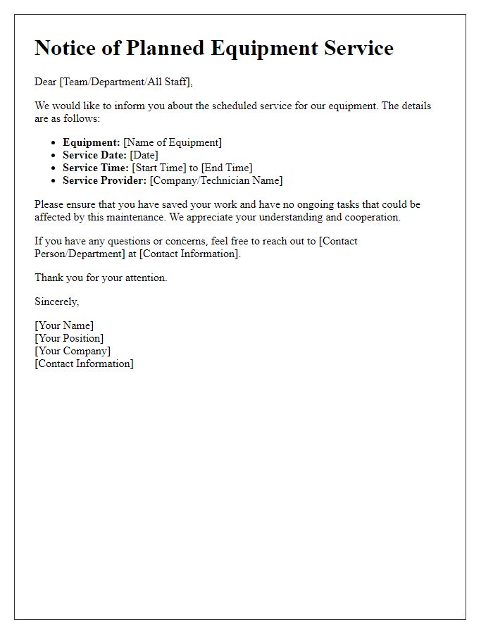 Letter template of planned equipment service announcement