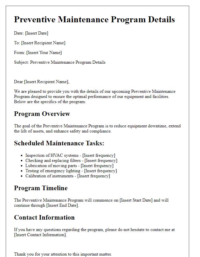 Letter template of preventive maintenance program details