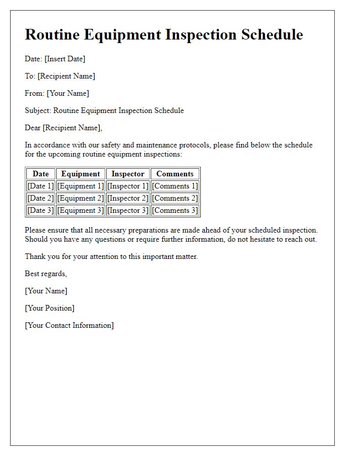 Letter template of routine equipment inspection schedule