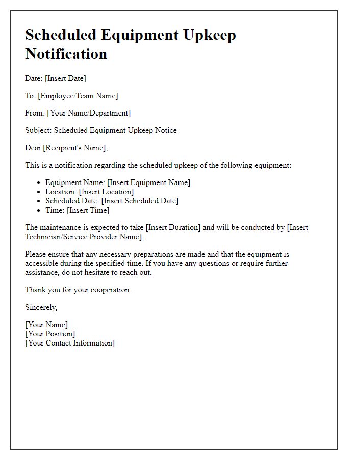 Letter template of scheduled equipment upkeep notification