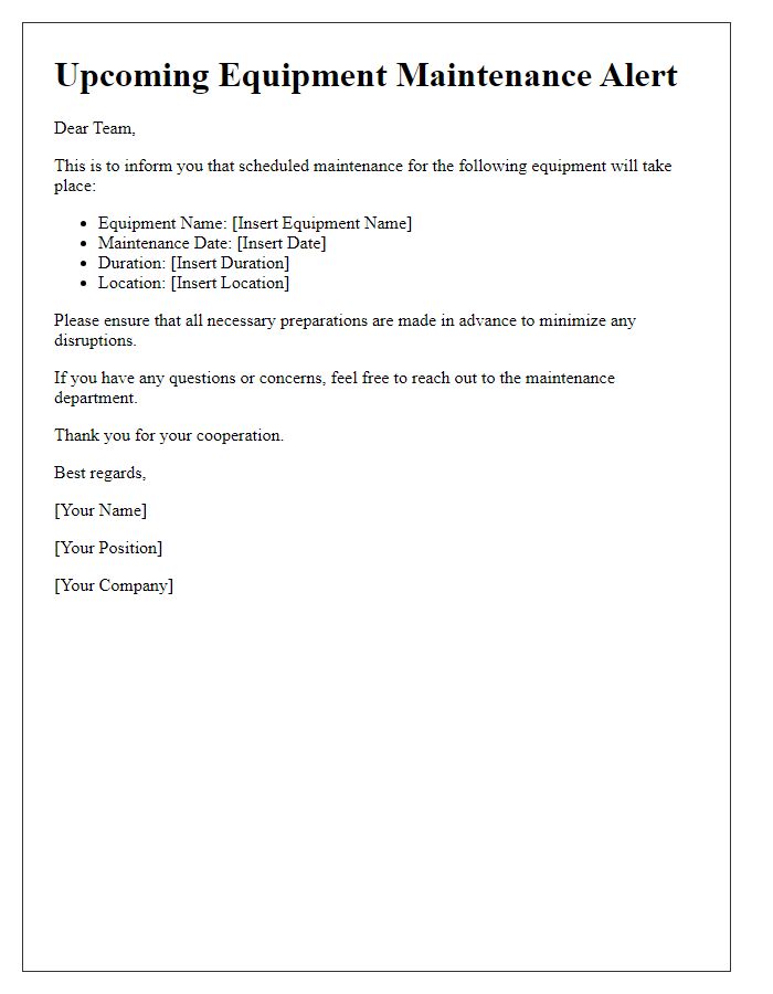 Letter template of upcoming equipment maintenance alert