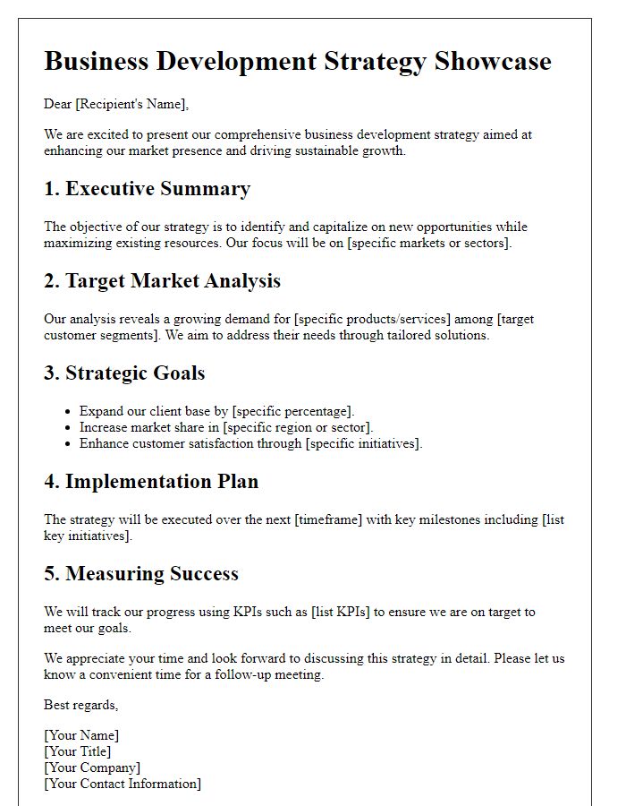 Letter template of business development strategy showcase