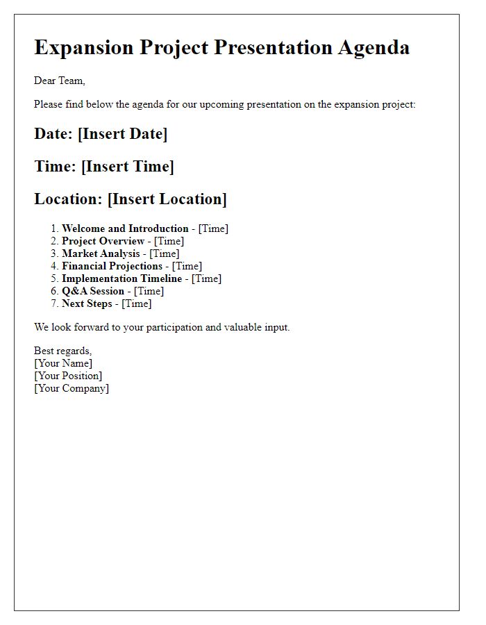 Letter template of expansion project presentation agenda