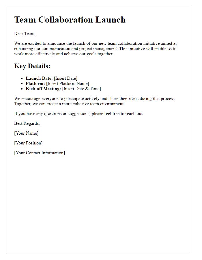 Letter template of team collaboration launch