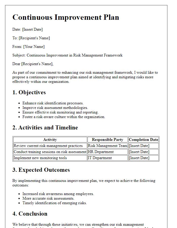 Letter template of risk management framework continuous improvement plan