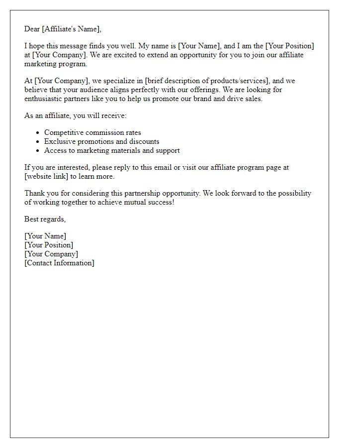 Letter template of affiliate marketing solicitation.