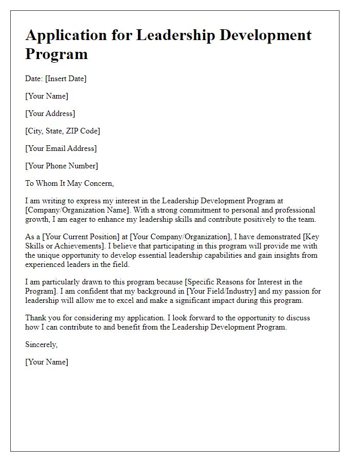 Letter template of application for leadership development program