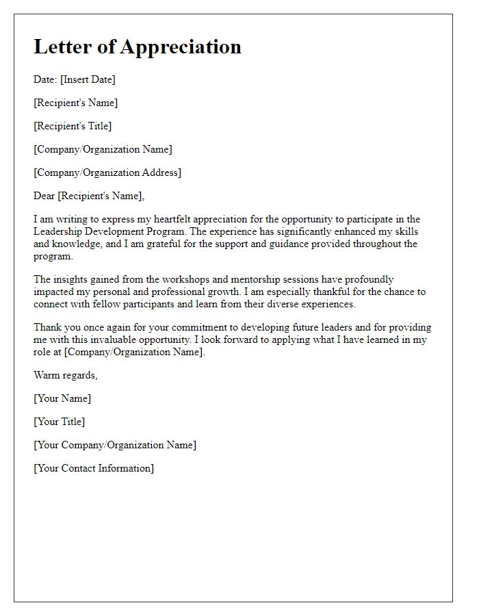 Letter template of appreciation for leadership development program opportunity